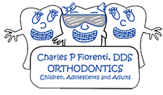 The image is a logo for an orthodontic practice,  Charles P. Fiori DDS Orthodontics,  featuring a cartoon of three smiling teeth with eyes and arms, set against a blue background with white text.