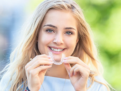 The image shows a young woman holding up a dental retainer with her mouth, smiling and looking directly at the camera.