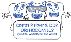 The image is a logo for an orthodontic practice, Charles P. Fiori DDS Orthodontics, featuring a cartoon of three smiling teeth with eyes and arms, set against a blue background with white text.