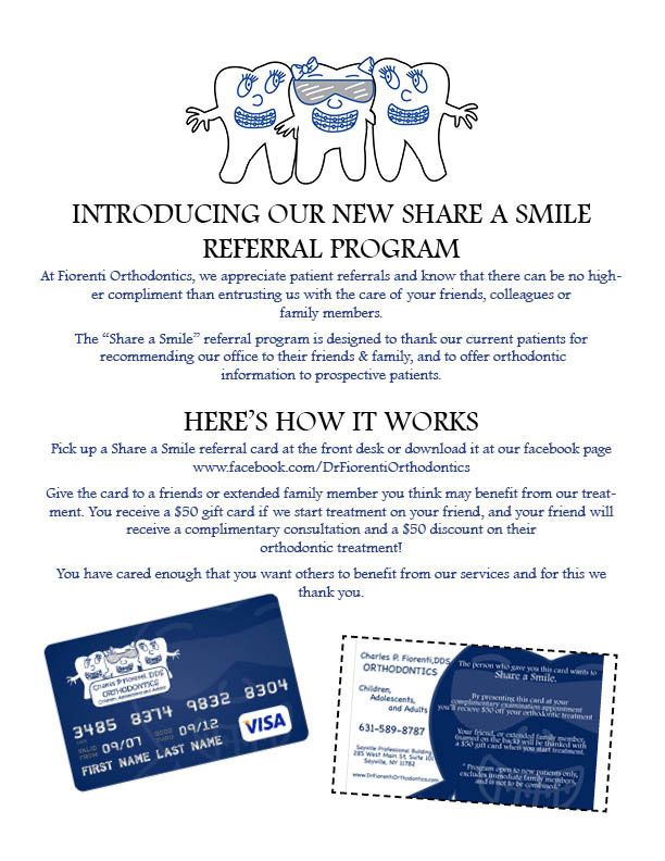 The image is a flyer for a dental practice, featuring an illustration of three elephants with text below that reads  Introducing our new Share a Smile referral program. Your referrals are the lifeblood of our practice.  It includes information about a reward card and a photo of a smiley face-themed gift card.